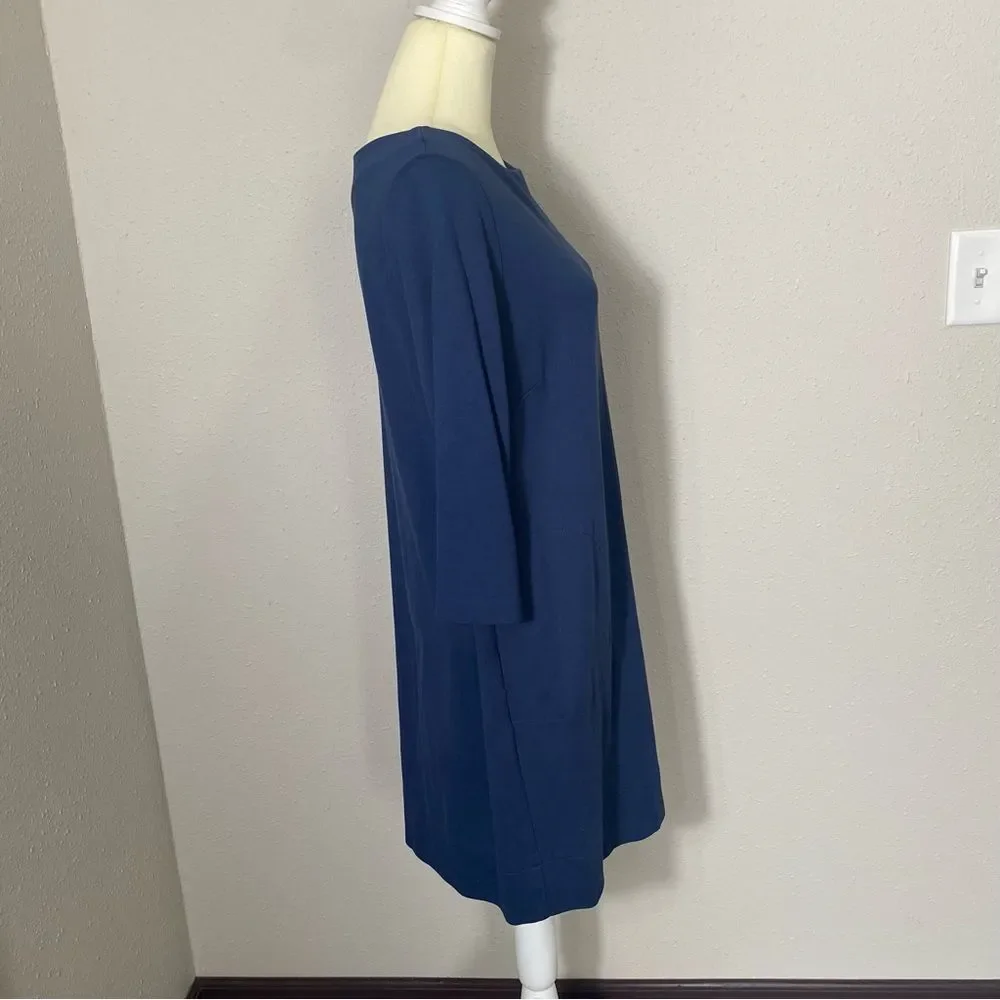 J.Jill Ponte Knit Crew Neck 3/4 Sleeve Shift Dress In Blue Women's Size Medium